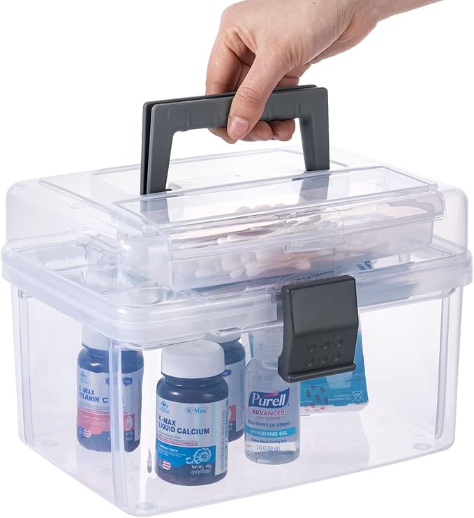 MyGift 10 Inch Premium Clear First Aid Kit Bin with Detachable Tray and Gray Top Handle, Portable Emergency Kit, Medical Supply Travel Tote, Medicine Storage Box Container