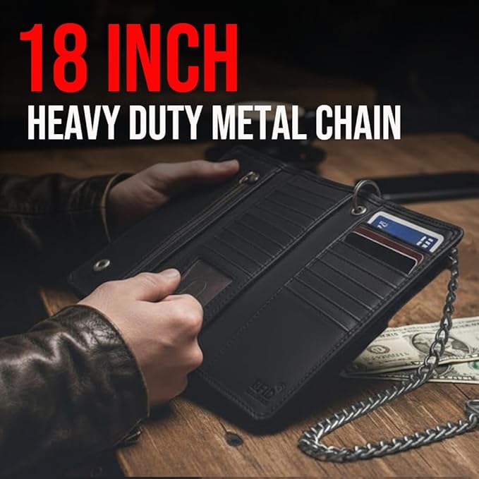 IBRO VINTAGE Motorcycle Chain Wallet for Men – Premium Cowhide Leather, RFID Tri-Fold Biker Wallet with Heavy Duty Chain for Bikers Truckers & Hunters, Credit Card Money Organizer Long Wallet | Long Trifold, RFID Blocking, Men's, Trucker Biker