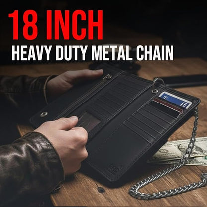 IBRO VINTAGE Motorcycle Chain Wallet for Men – Premium Cowhide Leather, RFID Tri-Fold Biker Wallet with Heavy Duty Chain for Bikers Truckers & Hunters, Credit Card Money Organizer Long Wallet | Long Trifold, RFID Blocking, Men's, Trucker Biker