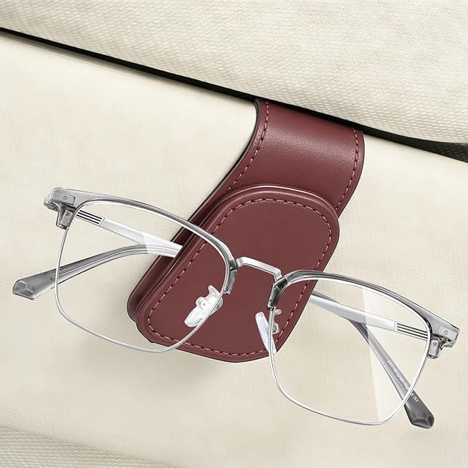 Magnetic Sunglasses Holder for Car Sun Visor, Leather Eyeglasses Clip, Secure Glasses Hanger with Ticket Card Slot