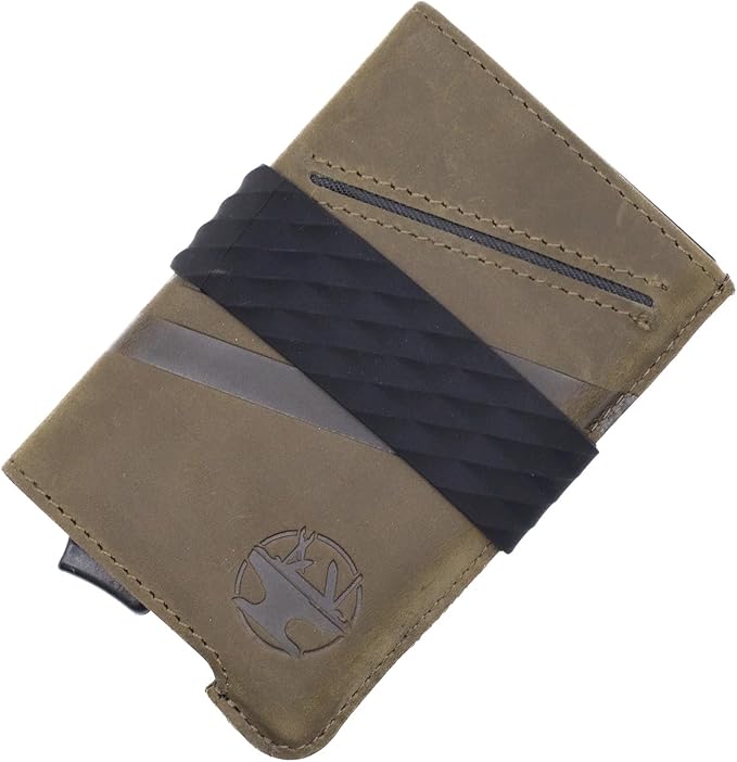 Hacksmith The Smith Wallet – Slim RFID Blocking Wallet for Men – Minimalist Front Pocket Wallet with Money Clip Band – Tactical Leather and Metal Wallets for Credit Cards & Cash (Olive Green)