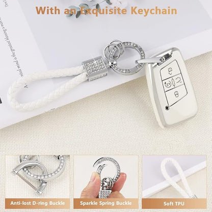 PIFOOG Key Fob Cover for VW Soft TPU 4 Button Keys Case Shell Protector Glitter Keychain Car Accessories for Volkswagen Jetta Tiguan Atlas Arteon Taos Girly Cute White Gold