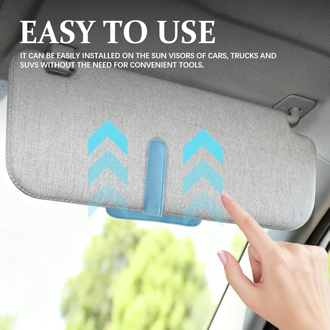 Small Leather Sun Visor Organizer, Visor Accessories, Multi-Pocket Sunvisor Storage with Sunglass Holder, Car Organizer for Drving License Card Pen Fits Most Vehicles (Blue)