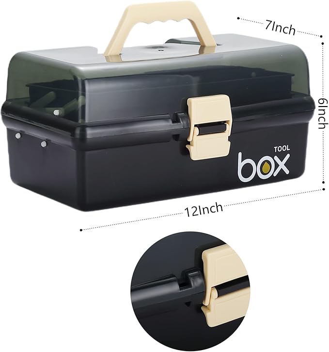 Kinsorcai 12'' Three-Layer Clear Plastic Storage Box/Tool Box, Multipurpose Organizer and Portable Handled Storage Case for Art Craft and Cosmetic (Black)