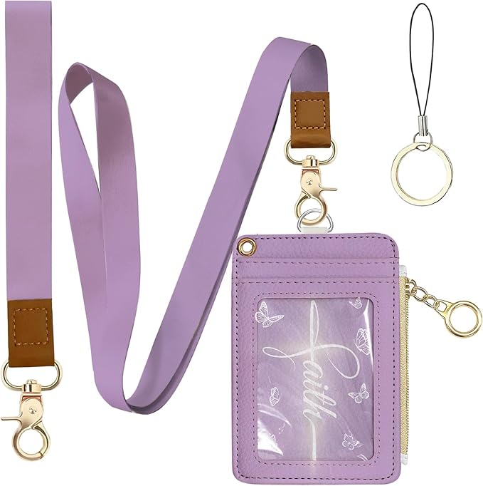 Christian Leather Badge Holder with Zipper Pocket, Purple Christ Work Lanyards and 1 Zip Pocket, 4 Card Slots, Breakaway Lanyards with Metal Clasp for Offices, Adult, Employees