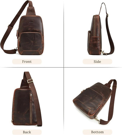 S-ZONE Sling Bag for Men Women RFID Blocking Genuine Leather Crossbody Shoulder Bag Backpack Hiking Daypack Travel | RFID Blocking, Genuine Leather, Hiking Daypack, Travel
