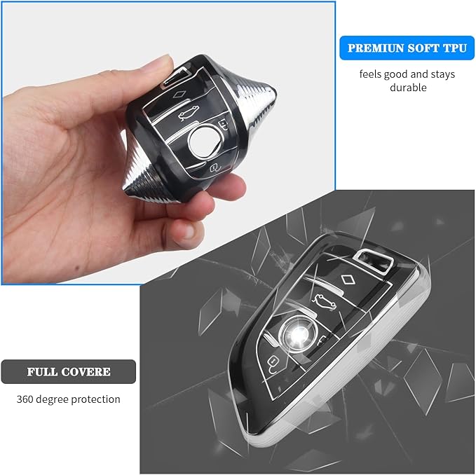 QBUC for BMW Key Fob Cover with Leather Keychain,for BMW 2 5 6 7 Series X1 X2 X3 X5 X6 X7 Premium Soft TPU Key Fob Holder (1-Black)