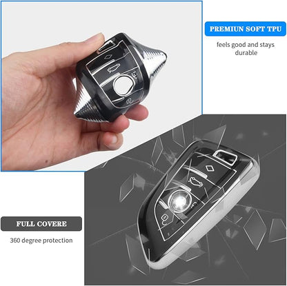 QBUC for BMW Key Fob Cover with Leather Keychain,for BMW 2 5 6 7 Series X1 X2 X3 X5 X6 X7 Premium Soft TPU Key Fob Holder (1-Black)