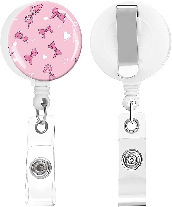 2 Pack Badge Reels Holder Retractable with ID Clip for Nurse Name Tag Card Nursing for Doctor Teacher Student Employee Office Medical Work (Pink Bows and Hearts)