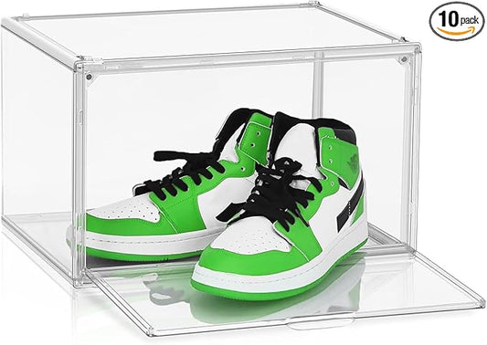 10 Pcs Clear Shoe Storage Boxes Stackable Acrylic Sneaker Shoe Display Case Size 14, Transparent Storage Bins for Boot Handbag Organizer Containers with Magnetic Lids