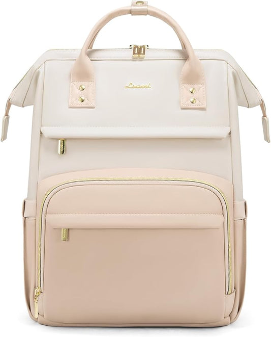 LOVEVOOK Leather Backpack for Women, 15.6 inch Laptop Backpack, Professional Work & Travel Bag, Beige-Flesh Beige