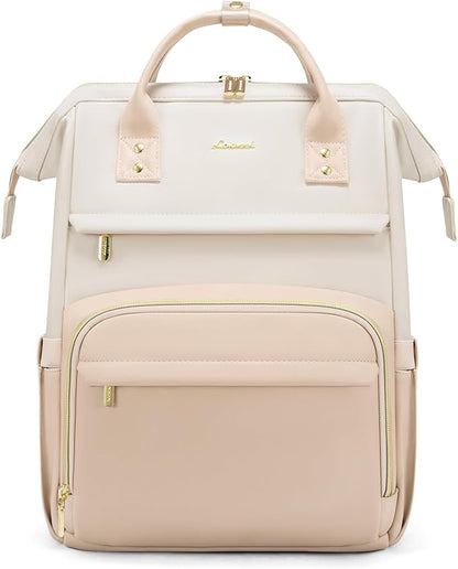 LOVEVOOK Leather Backpack for Women, 17 inch Laptop Backpack, Professional Work & Travel Bag, Beige-Flesh Beige