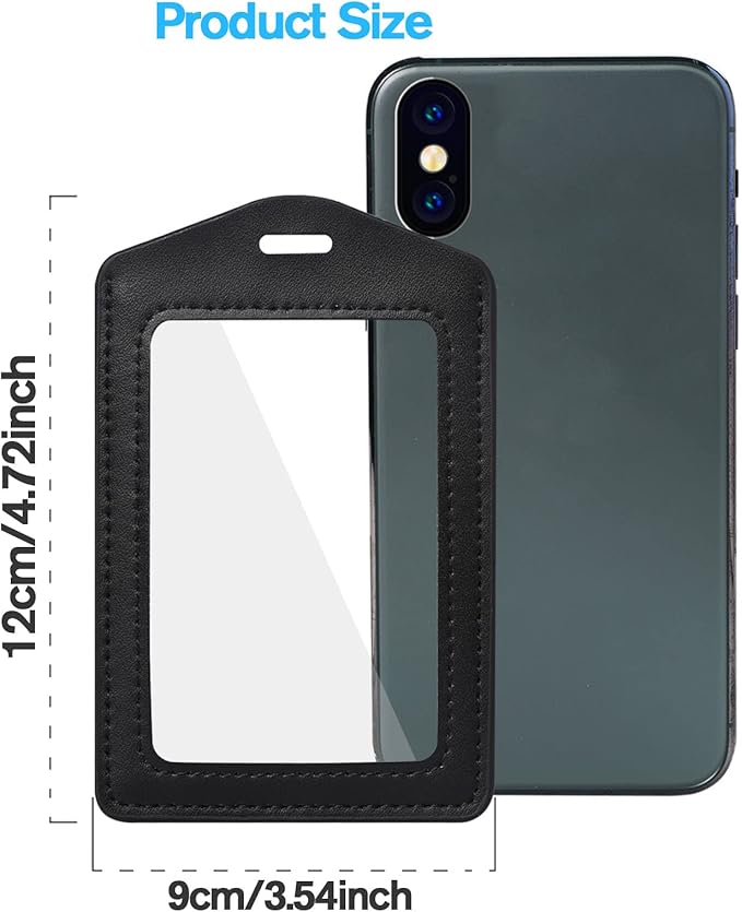 2 Pcs Genuine Leather ID Badge Holder Vertical Double-Side Clear Card Holder Waterproof Name Badge Holder for Office, Staff, Students, Employees(Black&Black)