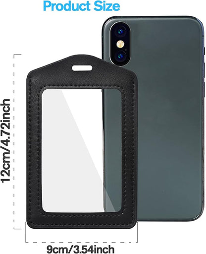 2 Pcs Genuine Leather ID Badge Holder Vertical Double-Side Clear Card Holder Waterproof Name Badge Holder for Office, Staff, Students, Employees(Black&Black)