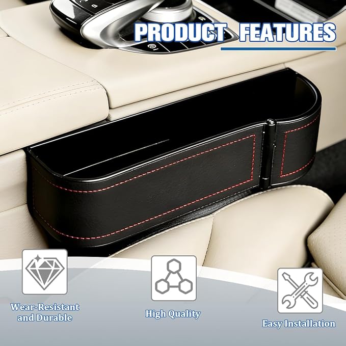 Car Seat Gap Filler Organizer with Cup Holder Expander, Leather Console Seam Filler Storage Box, Auto Front Seat Gap Organizer for Phones Keys Glasses, Universal Fit (Black/Red Passenger)