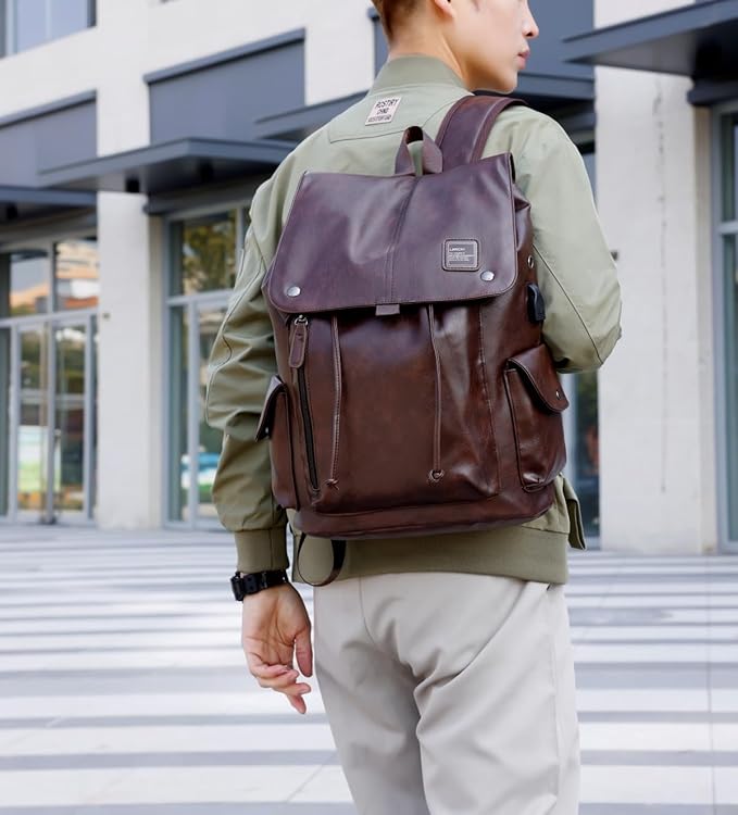 Soft leather backpack, casual PU backpack men women. USB charging port. Suitable for work, commuting, traveling, etc. Waterproof. (Brown)