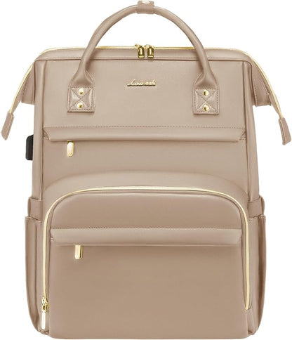 LOVEVOOK Leather Laptop Backpack for Women 15.6 inch,Travel Backpack Purse Nurse Teacher Backpack Computer Laptop Bag,Professional College Business Work Bags Carry On Backpack with USB Port,Sandy