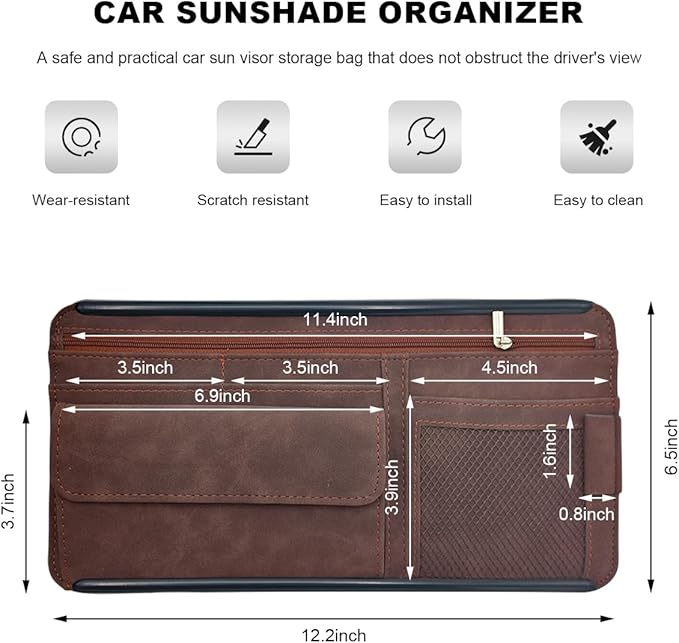 Sun Walker Car Sun Visor Organizer, Suede Leather Visor Storage Pouch Holder with Net Zipper, Multi-Pocket Vehicle Sunshade Organizer for Eyeglasses Card License Registration (Brown)