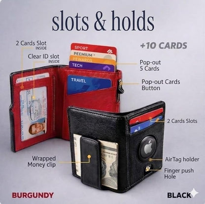 Mens Wallet with AirTag Holder, RFID Blocking, Pop-Up Aluminum Card Holder, ID Window, Money Clip, Fits up to 12 Cards, Slim & Minimalist, Smart, MicroFiber Gift Box Carteras para Hombre (Black)