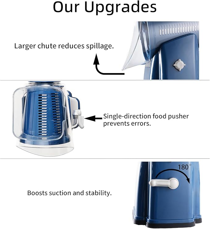 Upgrade Rotary Cheese Grater Shredder with Handle, Strong Suction Base, Multi-purpose Rotary Grater Slicer with 5 Interchangeable Blades for Ice, Vegetables, Fruit, Nuts with Blade Storage Box