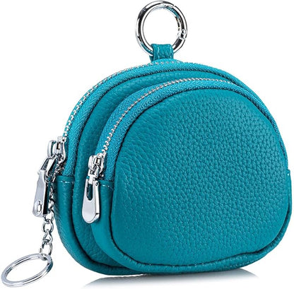 Genuine Leather Coin Purse with Keychain Clip Dual Zipper Mini Wallet Small Cute Pouch for Women & Men Compact Card Holder Wallet Key Holder (Blue)