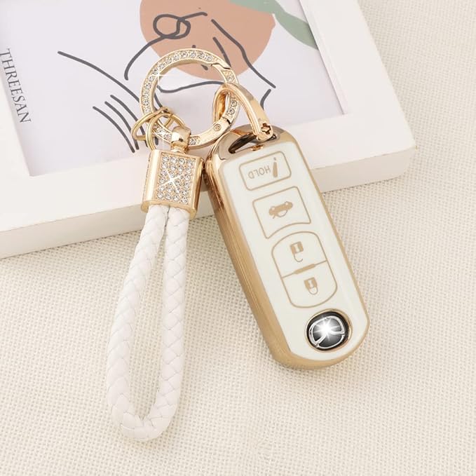 PIFOOG for Mazda Key Fob Cover 6 3 CX5 CX9 CX-3 MX5 Mitia Accessories Girly Women Soft TPU Car Keys Shell Case 4 Buttons Full Covers Protection Glitter Keychain White Gold Cute