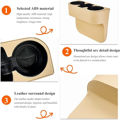 DXNQ Car Cup Holder Gap Filler Organizer, Multifunctional Auto Front Console Gap Filler with Cup Holder, Leather Extra Cup Holder Storage Box for Car Truck SUV, Car Accessories (Beige)