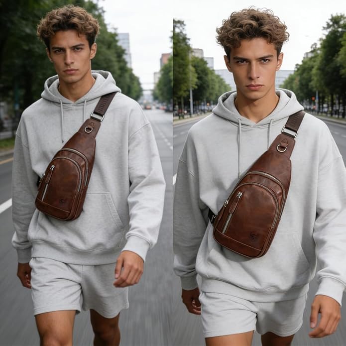 Crossbody Bags for Men Leather Sling Bags Mens Chest Bag Backpack Travel Hiking Fishing Outdoor Sports