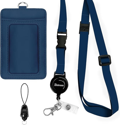 bolimoss Badge Holder with Lanyard, Leather ID Name Badge Card Holder with Retractable Reels Safety Quick Release Buckles and Adjustable Lanyard Straps for Teacher Student Nurse Doctor Navy Blue