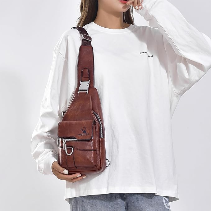 ANPTER Sling Bag for Men Crossbody Chest Bag,PU leather Over the Shoulder Purse Cross Body Sling Backpack for Travel