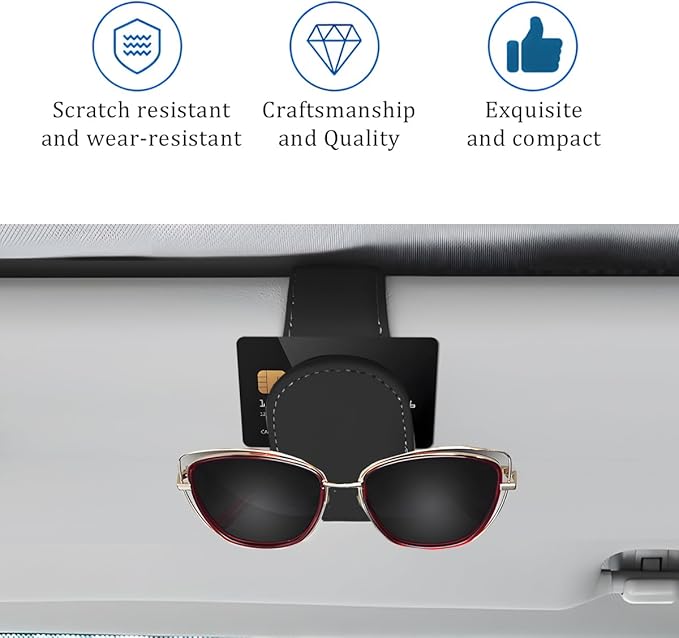 Car Sunglass Holder, Magnetic Leather Vehicle Sun Visor Eyeglass Hanger Clip, Automotive Interior Sunglass Ticket Card Organizer Mount Accessories, Universal for Most Cars (Black)