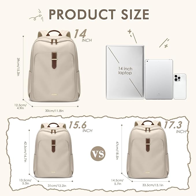 Laptop Backpack for Women,Casual Work Business Backpacks Purse Carry on Travel Backpack,14 Inch,Apricot
