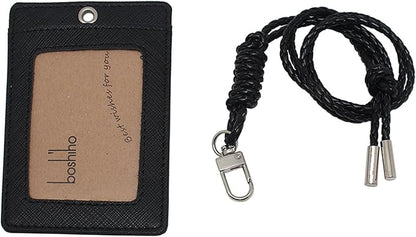 Boshiho Vertical Style Leather ID Card Badge Holder with Heavy Duty Lanyard (Black)