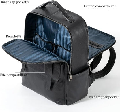 15.6 Inch Genuine Leather Laptop Backpack for Men Women, Business Travel Backpack Hiking Daypack Rucksack (7#Black)