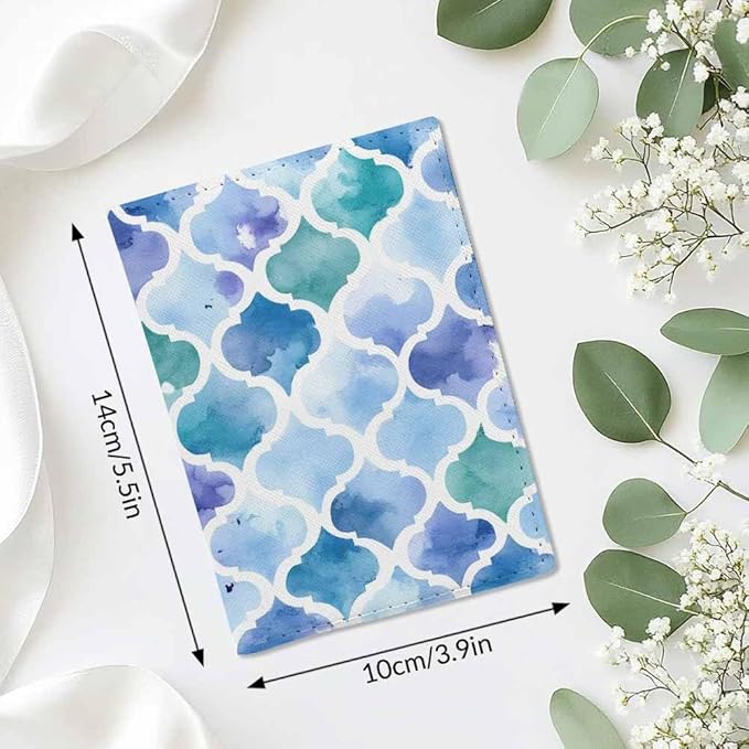 Watercolour Moroccan Passport Holder for Travel Blue Geometric Art Pattern PU Leather Passport Cover Wallet Cute Passport Card Holder for Women and Men