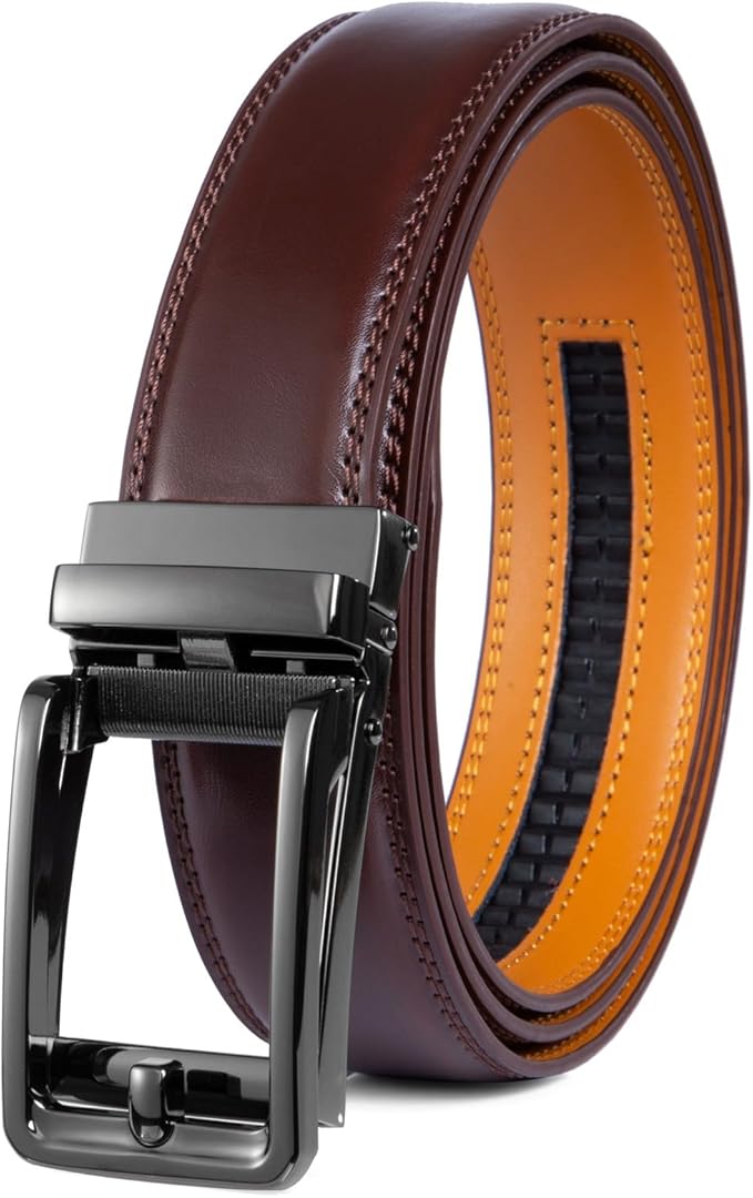 Founders & C Men's Leather Ratchet Comfort Click Belt Dress with Slide Buckle -Adjustable Trim to Fit