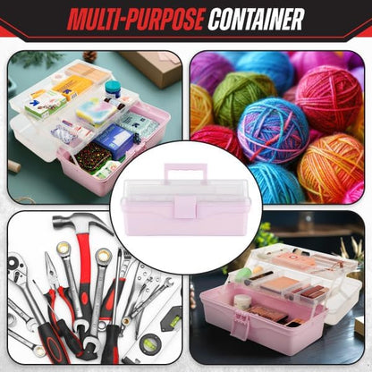 14” Plastic Tackle Box Organizer - 3-Layer Portable Sewing Box, Art Caddy, Craft Storage, First Aid Medicine Utility Toolbox or Hair Accessories Organizer with Latch and Handle by Stalwart (Pink)