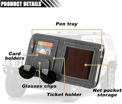 Car Sun Visor Organizer, Leather Card Sleeve Pocket Organizer, Multifunctional Auto Visor Document Holder with Sunglasses Clip, Universal Car Interior Organizer for Driving License, Pen (Large-Grey)