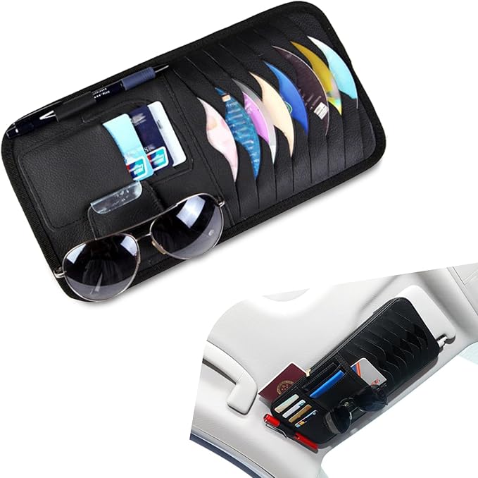 Car Sun Visor CD Bag, Multi-Function Multi-Pocket Leather CD Storage Holder with Sunglasses Pen Space, One-Hand Grab and Go Portable Organizer, Universal for Cars Accessory, Black