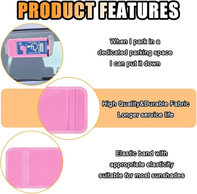 JOYCOURT Handicap Placard Holder for Car, Disabled Parking Permit Sign Protector, Car Interior Sun Visor Storage Clip with Pen Holder, Note Paper Slot, Elastic Strap (Pink)