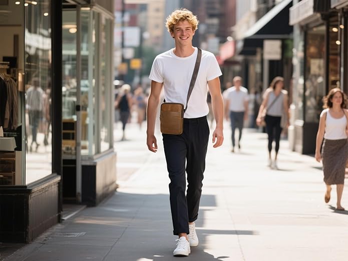 NIUCUNZH Man Purses and Bags Small, Mini Genuine Leather Messenger and Shoulder Bag for Men with lots of Zipper Pockets