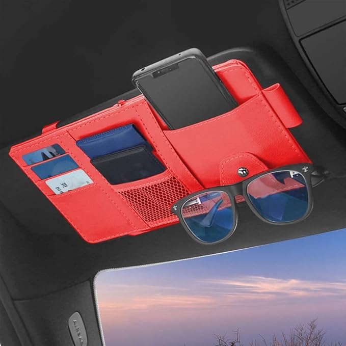 1 Pack Car Sun Visor Organizer, Sunglasses Holder for Car Sun Visor, Auto Interior Accessories Pocket Organizers Can Store for Sunglasses, Documents, Cards, Pen, Drivers License (Red)