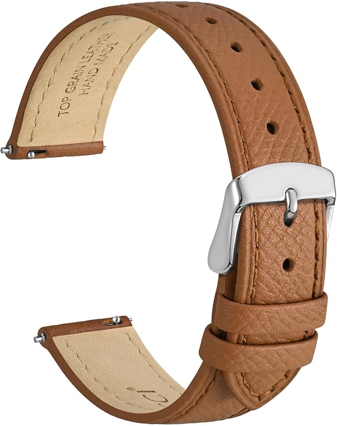 WOCCI 12mm Grace Watch Band for Ladies, Top Grain Leather, Quick Release Replacement Strap with Silver Buckle (Brown)
