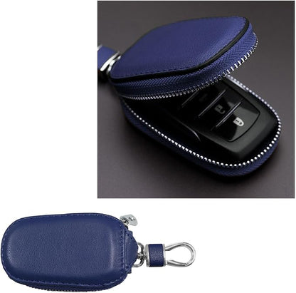 Car Key Case, Genuine Leather Auto Key Fob Cover Case, Key Fob Protector with Metal Hook, Car Smart Keychain Holder (Blue)