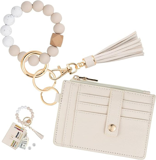 KNGITRYI Wallet Keychain Wristlet for Women,Slim RFID Credit Card Holder Purse Tassel Keychain Bangle Key Ring for Men Women