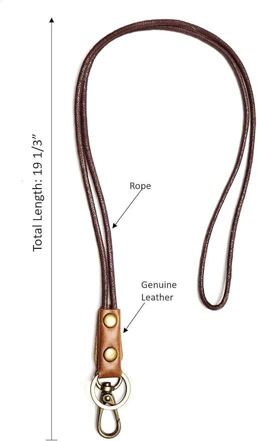 Genuine Leather Rope Necklace Lanyard for Key ID Badge Holder, Lobster Claw Clasp, Vintage Retro Style (1-Pack,19in Neck Lanyard, Brown)
