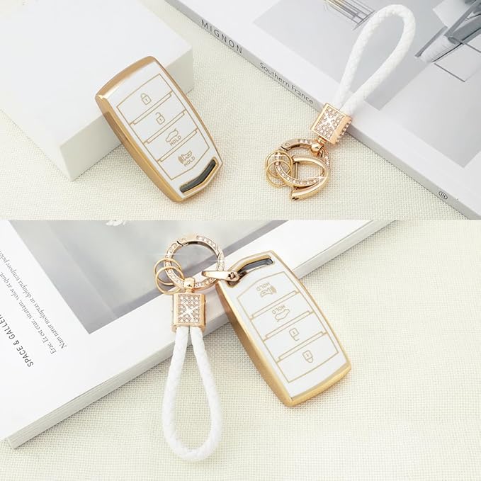 PIFOOG Key Fob Cover for Genesis G80 G90 G70 Accessories 4 Buttons Car Smart Keys Shell Case Bling Keychain Landyard Protector Protection Girly Women White Gold Cute TPU