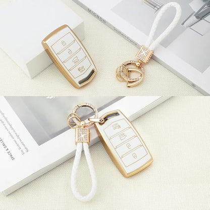 PIFOOG Key Fob Cover for Genesis G80 G90 G70 Accessories 4 Buttons Car Smart Keys Shell Case Bling Keychain Landyard Protector Protection Girly Women White Gold Cute TPU
