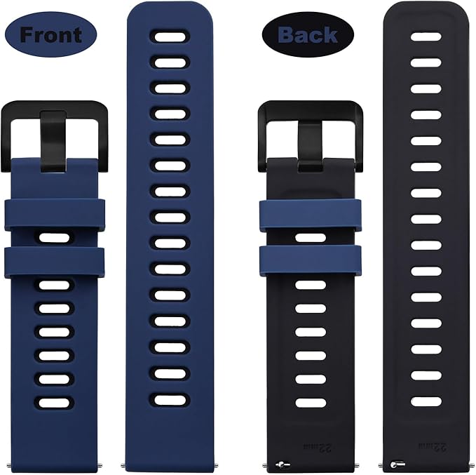 WOCCI 22mm Bicolor Watch Band, Silicone Rubber, Quick Release Replacement Strap for Men and Women, Black Stainless Steel Buckle (Blue-Black)