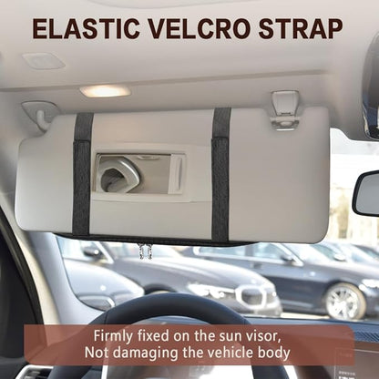 Car Sun Visor Organizer, Sunglasses Holders for Car Sun Visor, Storage Travel Document Holder with Multi Pocket Net Zipper, PU Auto Interior Accessories Universal for Car SUV Truck